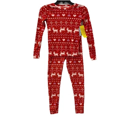 Cat And Jack Girls Christmas Pajamas Girls 8 Red Velour Reindeer Hearts Cozy - Image 1 of 4