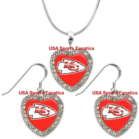 Kansas City Chiefs Team Heart Rhinestone Necklace Or Earrings on 925 Chain/Hooks Cover