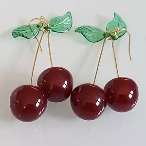 RED WINE CHERRY RED FAUX BAKELITE EARRINGS TRANSPARENTACRYLIC GREEN LEAVES WOW - Picture 1 of 13