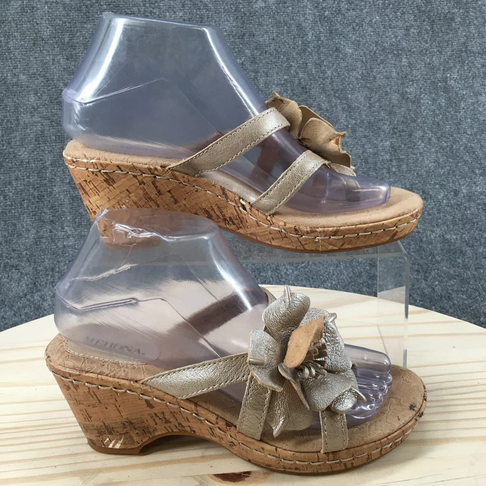 Merona Sandals Womens 7 Flower Strappy Slide Wedge Comfort Beige Leather Slip On - Image 1 of 4