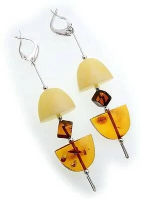 Orecchini da Donna Pendente Vero Ambra 90 MM Vero Argento Sterling - Immagine 1 di 2