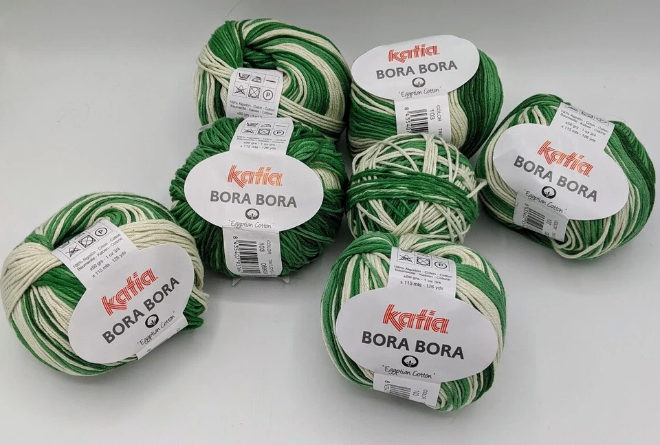 Lot Katia Bora Bora  #103 Green White Light Worsted Aran Yarn Cotton 50gr 126yd - Image 1 of 4