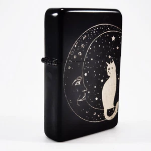 BRAND NEW - DESIGNED BRUSHED STYLED CIGARETTE PETROL LIGHTER - CAT & MOON - Picture 1 of 24