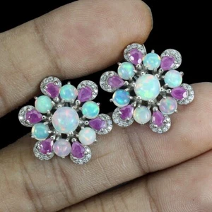 Unheated Round Fire Opal Ruby Simulated Cz 925 Sterling Silver Earrings - Picture 1 of 6