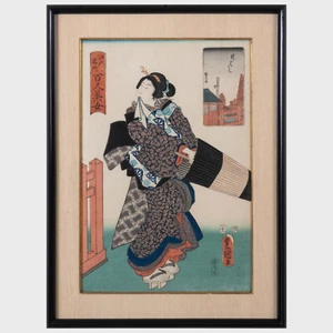 A Japanese Woodblock Print of a Woman With an Umbrella by Kunisada - Picture 1 of 1