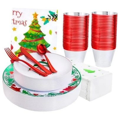  176 Pieces Christmas Plastic Plates - Heavy Duty Christmas Christmas Green - Image 1 of 4