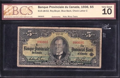 Bank Of Canada 1936 $5 Five Dollar French Banknote Roy - Boyer BCS Graded VG-10 - Image 1 of 2
