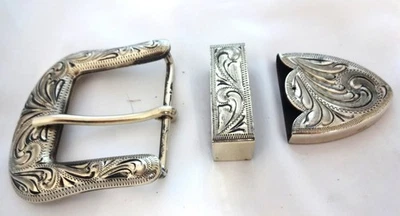 3 Piece Belt Buckle Set San Antonio Ant 1 1/2" Hansen Western Gear Silver Plate - Image 1 of 3