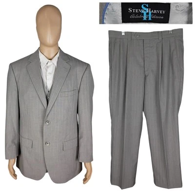 Traje Steve Harvey Edición Celebridad Tres Piezas Gris Beige Rayas 42R 36X29 Foto 1 de 4