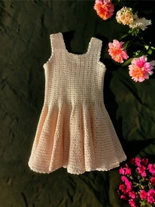 Hand Crocheted Girls Dress Approximat Size 4T-5T Pink Dress W/white Stripes - Picture 1 of 9