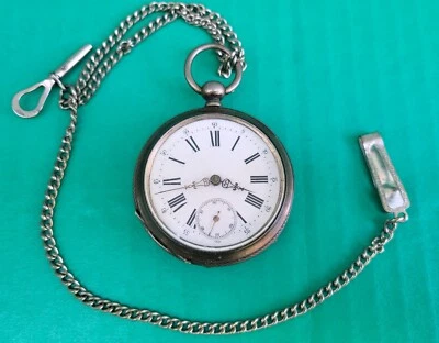 Mens Silver Pocket Watch KEY WIND w Chain 10 Rubis Cylindre ANTIQUE - Image 1 of 4