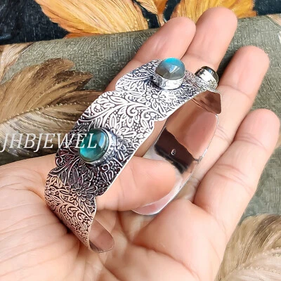 Blue Fire Labradorite Multi Gemstone Cuff 925 Sterling Silver Birthstone Bangle - Image 1 of 4