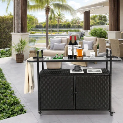 Outdoor Bar Table, Wicker Bar Cart, Patio Serving Cart with One Ice Bucket Black - Image 1 of 4