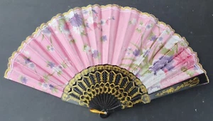 Pink Flowers Print Silk Ladies Folding Summer Decorative Hand Fan UK Seller - Picture 1 of 4