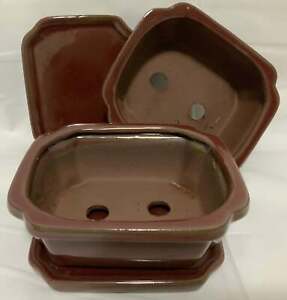 6" Glazed Ceramic Bonsai Pots & Matching Trays ~ Quince Shaped
