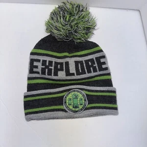 MINECRAFT Kids Beanie Hat Green Gray Stripe Character Pom Pom - Picture 1 of 10