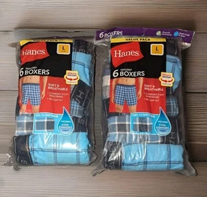 2 PAQUETES NUEVOS DE 6 BOXERS HANES SIN ETIQUETAS 12 AZUL TOTAL SUAVE TRANSPIRABLE GRANDE - Imagen 1 de 5