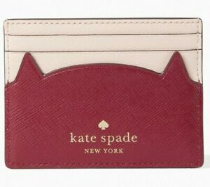 Kate Spade Meow Cat Card Holder Pink Burgundy Wallet Purple WLR00594 NWT $79 FS