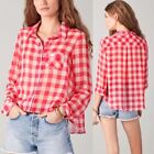 Free People Red Gingham Plaid Semi Sheer Flowy Button Front Shirt Size S Airy
