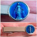 Vintage Signed FRANCE Blue Enamel MIRACULOUS MARY MEDAL Silver Tone Tie Bar Clip