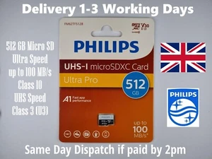 Philips 512 GB Micro SD Ultra Speed up to 100 MB/s Class 10 UHS Speed Class 3 U3 - Picture 1 of 15