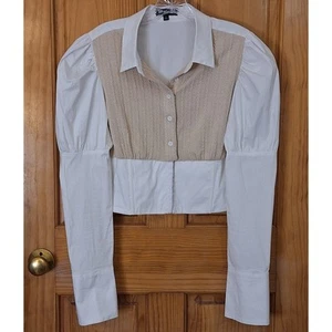 Rehab Lab Cop Top Women's Large Beige & White Long Puff Sleeve Classic Preppy - Picture 1 of 8