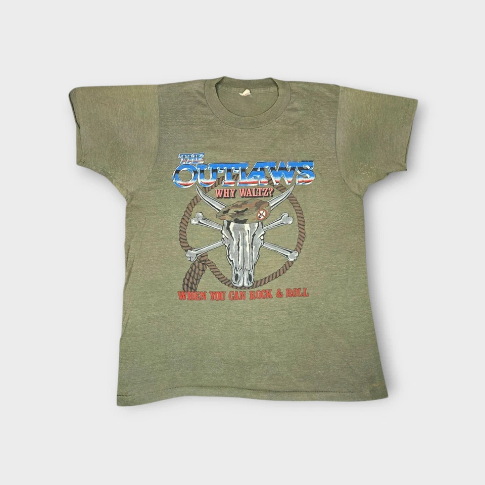 Vintage 1983 The Outlaws Tour Shirt Size L Why Waltz Rock & Roll Guitars Green - Image 1 of 4