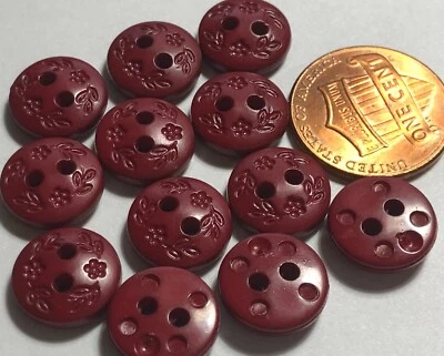 12 Small Dark Muted Red Plastic Buttons Etched Floral Design 7/16" 11.4mm 12217 - Image 1 of 4