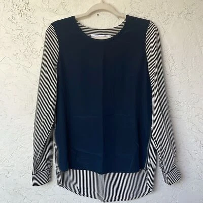 Blusa para mujer Diane Von Furstenberg de seda azul marino y blanco a rayas manga larga talla 6 Foto 1 de 4