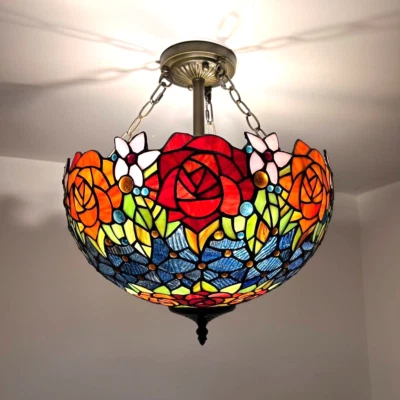 Tiffany Style Ceiling Lights Stained Glass Rose Flowers LED Bulbs 16"H*16"W*16"D - Image 1 of 4