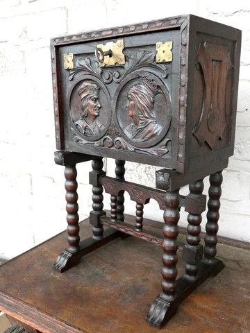 Antique Spanish rare wood carved medieval style miniature cabinet portraits Cover