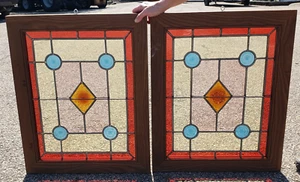 Pair of Multicolored Rondel Stained Glass Windows in Cambria Ash Frames GA9370 - Picture 1 of 5