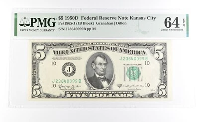 PMG 64 Unc EPQ 1950 D $5 Kansas City, MO US FRN Green Seal Fr#1965-J *1033 - Image 1 of 3