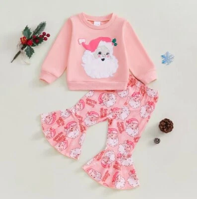 NUEVO Conjunto Conjunto Conjunto de Pantalones Campana Rosa Navidad Papá Noel Niñas Foto 1 de 4