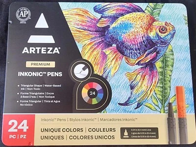 New 24pc Arteza Premium Inkonic Pens in Tin (0.01 in (0.4mm)  Triangular Barrel - Image 1 of 2