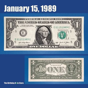 January 15, 1989 Birthday Anniversary $1 One Dollar Bill Serial Number 01151989 - Picture 1 of 2