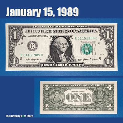 January 15, 1989 Birthday Anniversary $1 One Dollar Bill Serial Number 01151989 - Image 1 of 2