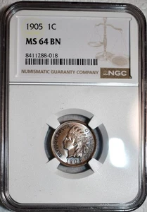 NGC MS-64 BN 1905 Indian Head Cent, Radiant, Lightly Toned specimen. - Picture 1 of 2