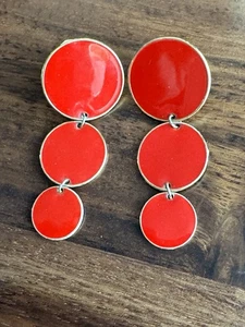 Orecchini pendenti vintage L. Bott smalto rosso triplo disco goccia anni 80 retrò MCM - Foto 1 di 7