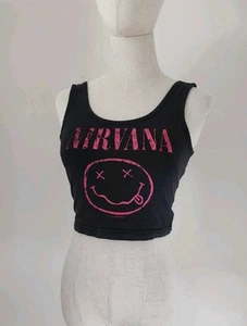 H&M Divided Black & Pink Nirvana Face Logo Crop Tank Top. Größe S. - Bild 1 von 7