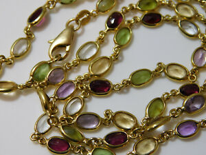 18k Yellow Gold Necklace Gemstone Bezel Chain Ameth Topaz Garnet Peridot 11f 105