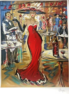Litografia Marc Clauzade “Le Bar a Vin” assinada e numerada senhora em vermelho - Imagem 1 de 2