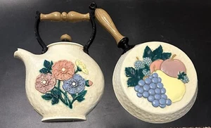 1995 Home Interior 2 Piece Kitchen Wall Decor Tea Kettle & Skillet Fruit &Flower - Picture 1 of 10