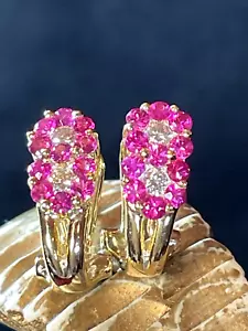 VINTAGE ESTATE 14K GOLD RED RUBY & DIAMOND EARRINGS FLOWERS OMEGA SIGNED MRB - Picture 1 of 20