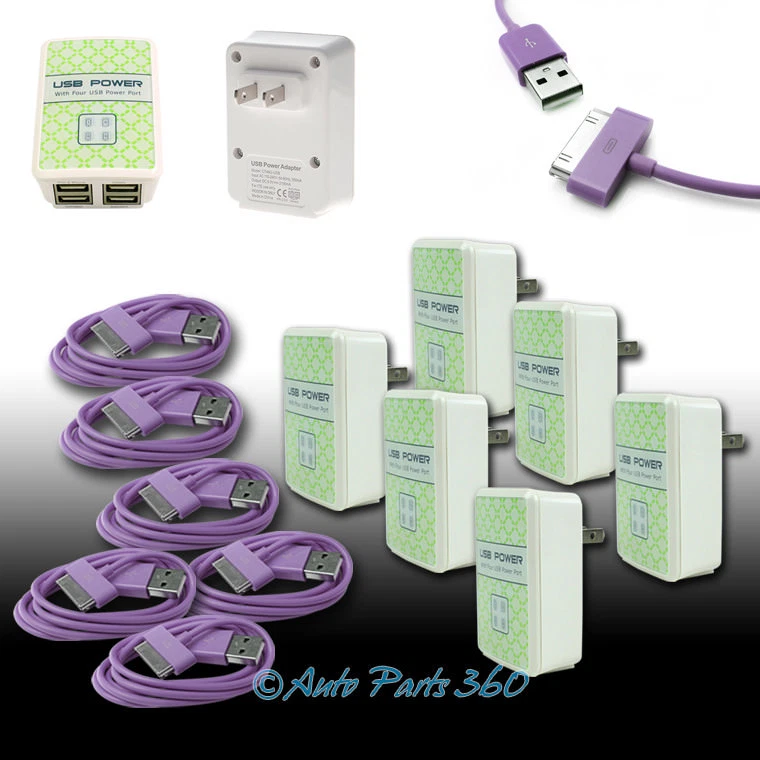 6X 4 USB PORT WALL ADAPTER+6FT CABLE POWER CHARGER PURPLE FOR IPHONE IPOD IPAD - Image 1 of 1