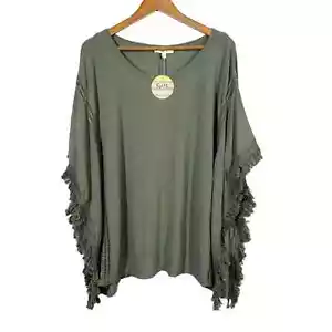 NEW! Kye Mi Boho Smock Cape Poncho Crochet Olive GReen Casual Oversized - S - Picture 1 of 5