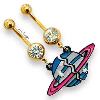 14g Par Oro IP Blanco Cz Cuelga Azul Planeta Bff Amistad Vientre Anillos (B67) Foto 1 de 4