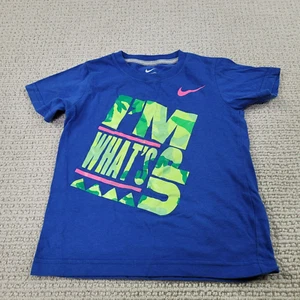 Nike Shirt Boys Medium 5/6 Blue Swoosh Logo Crew Neck I'm What's Up SHort Sleeve - Picture 1 of 8