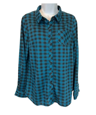 Doublju Button Flannel Shirt  Women's Size M  Teal Check Top w Roll-Tab Sleeve - Image 1 of 4