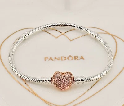 Nuevo Genuino Pandora Oro Rosa Pavé Corazón Serpiente Cadena Pulsera 586292CZ-17cm Foto 1 de 4